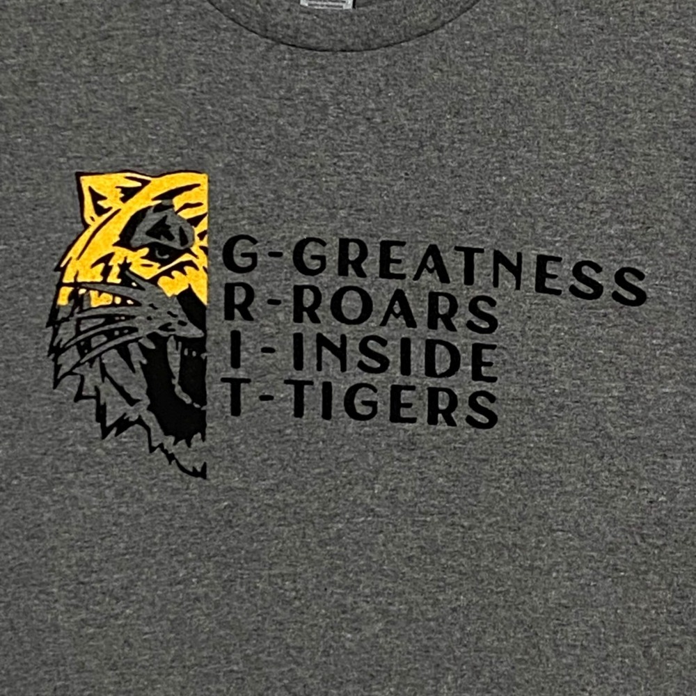 GRIT Greatness Roars Inside Tigers T-Shirt XL Gray Sports Athleisure Fitness